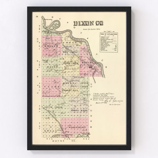 Vintage restored map of Dixon County, Nebraska, 1885, 19th-century township cartography