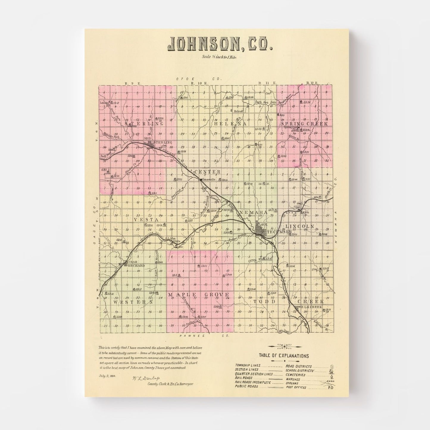 Vintage Map of Johnson County, Nebraska, 1885
