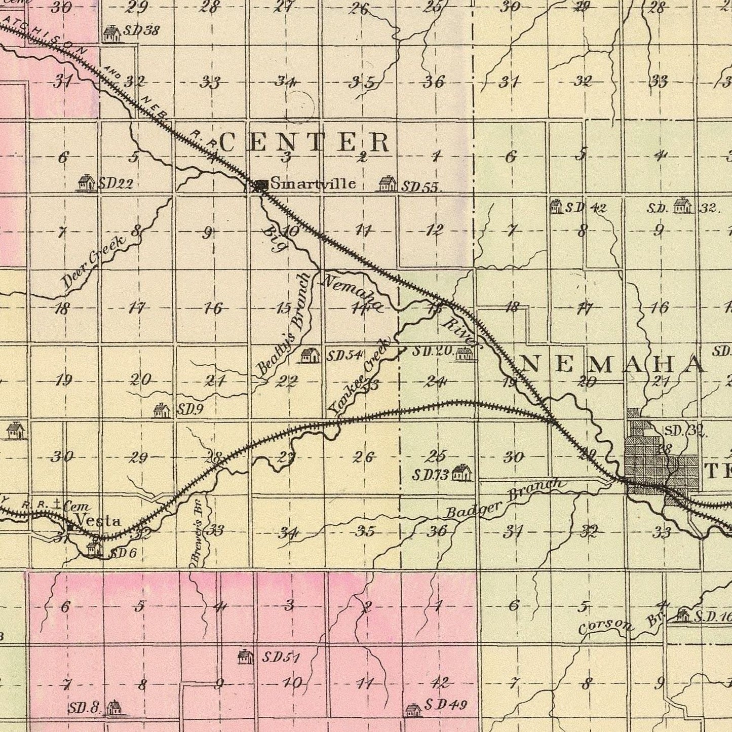 Vintage Map of Johnson County, Nebraska, 1885