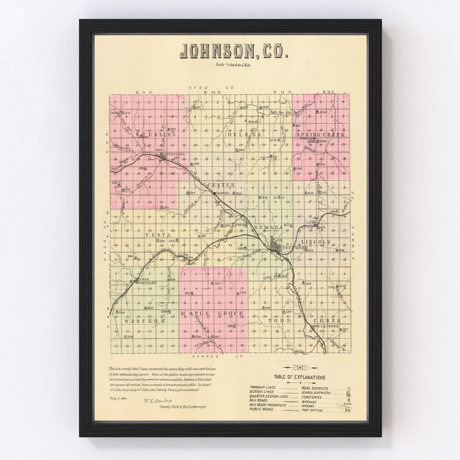 Vintage map of Johnson County, Nebraska, 1885