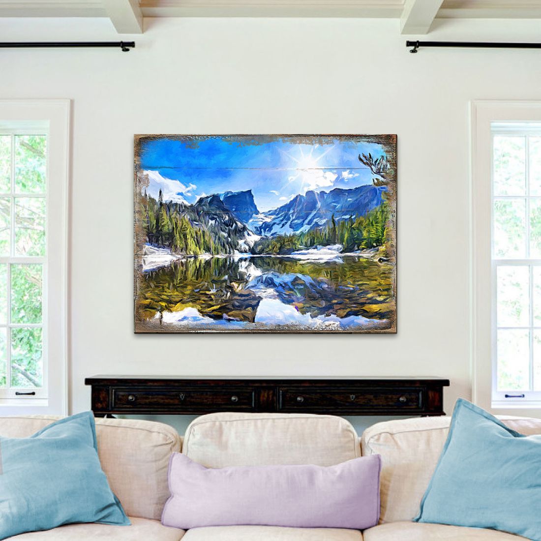 Layered birch wood forest mountains landscape wall art