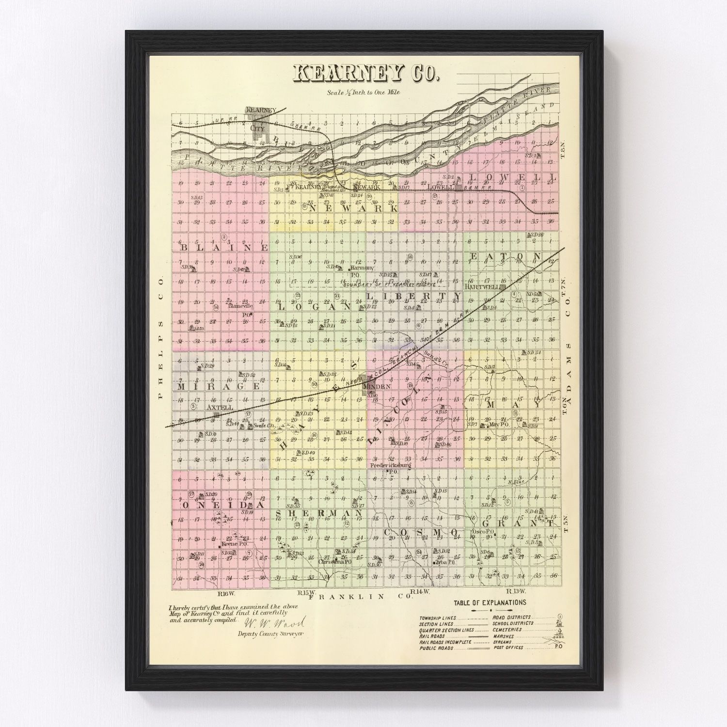 Vintage map of Kearney County, Nebraska, 1885