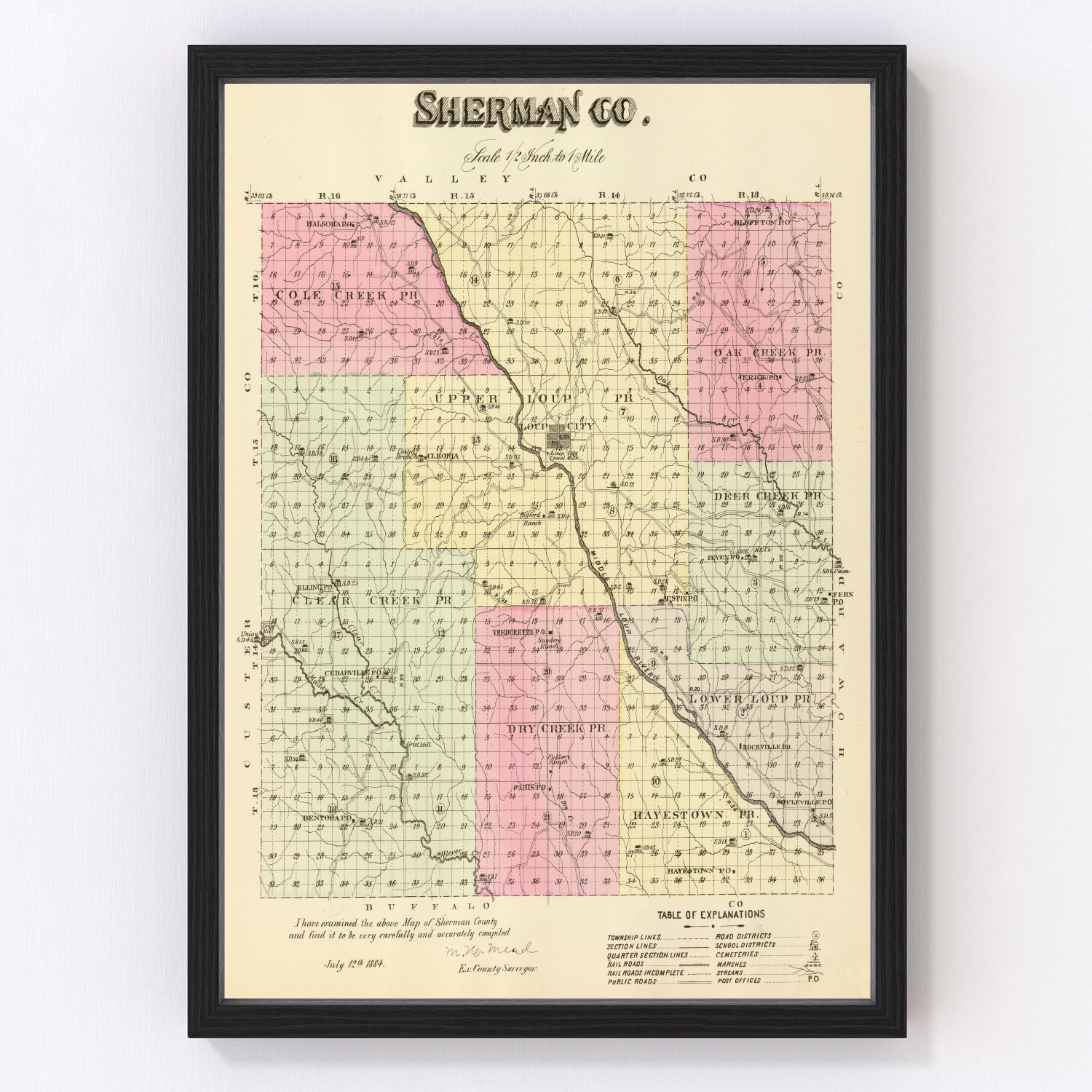 vintage map of Sherman County, Nebraska, 1885
