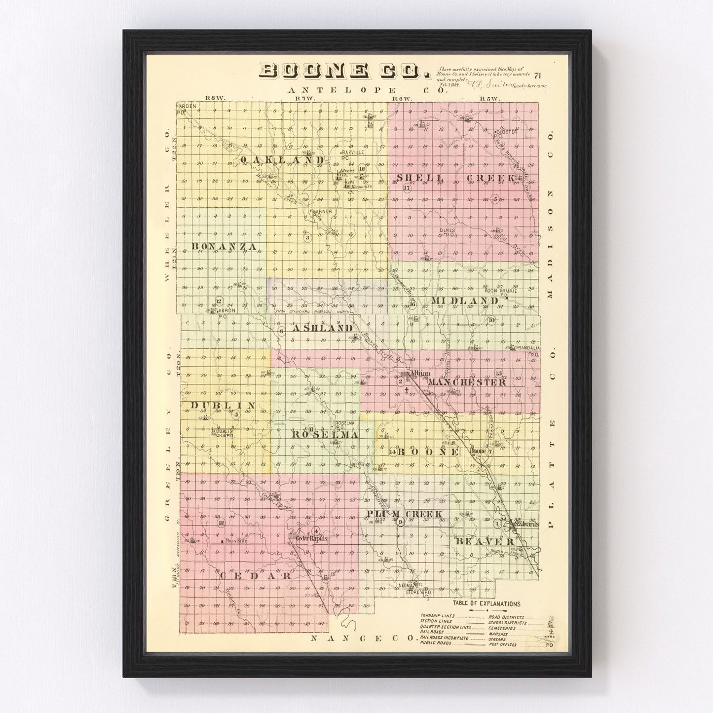 vintage map of Boone County, Nebraska, 1885, restored print wall art