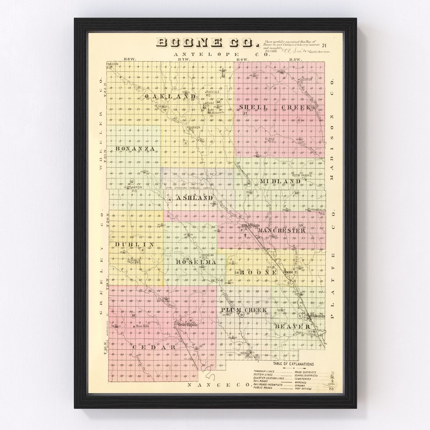 vintage map of Boone County, Nebraska, 1885, restored print wall art