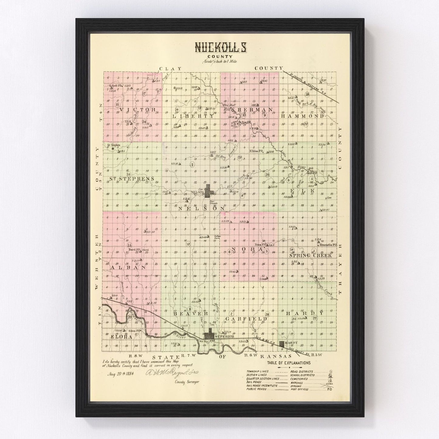 vintage map of Nuckolls County, Nebraska, 1885