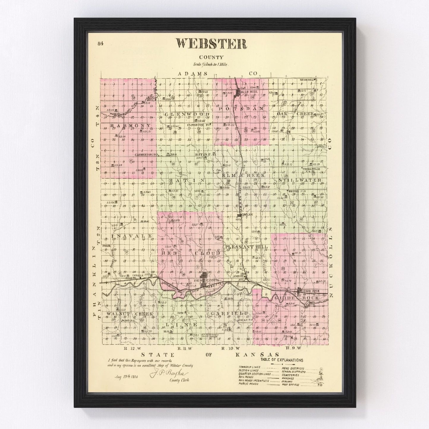 Vintage map of Webster County, Nebraska 1885, Red Cloud and Blue Hill frontier era