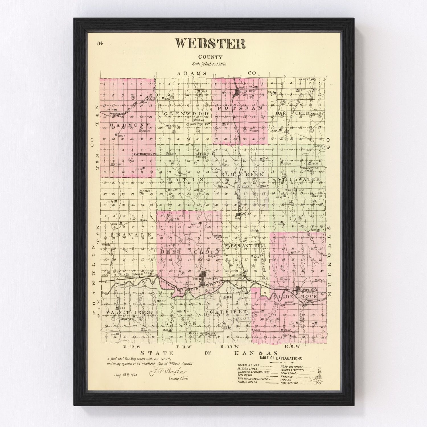 Vintage map of Webster County, Nebraska 1885, Red Cloud and Blue Hill frontier era