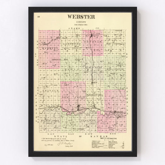 Vintage map of Webster County, Nebraska 1885, Red Cloud and Blue Hill frontier era
