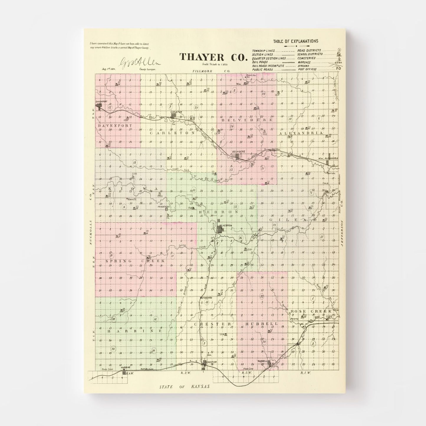 Vintage Map of Thayer County, Nebraska, 1885