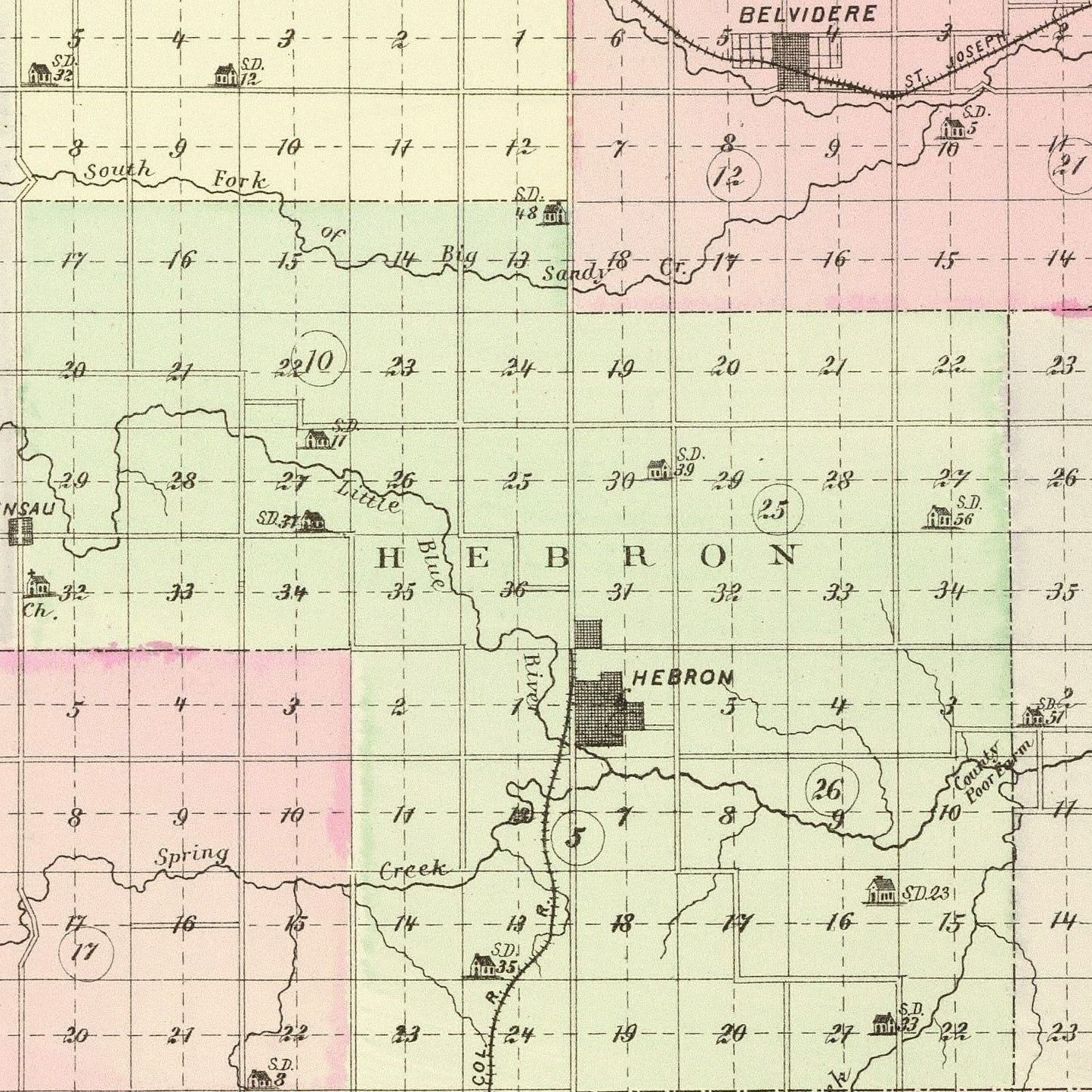Vintage Map of Thayer County, Nebraska, 1885