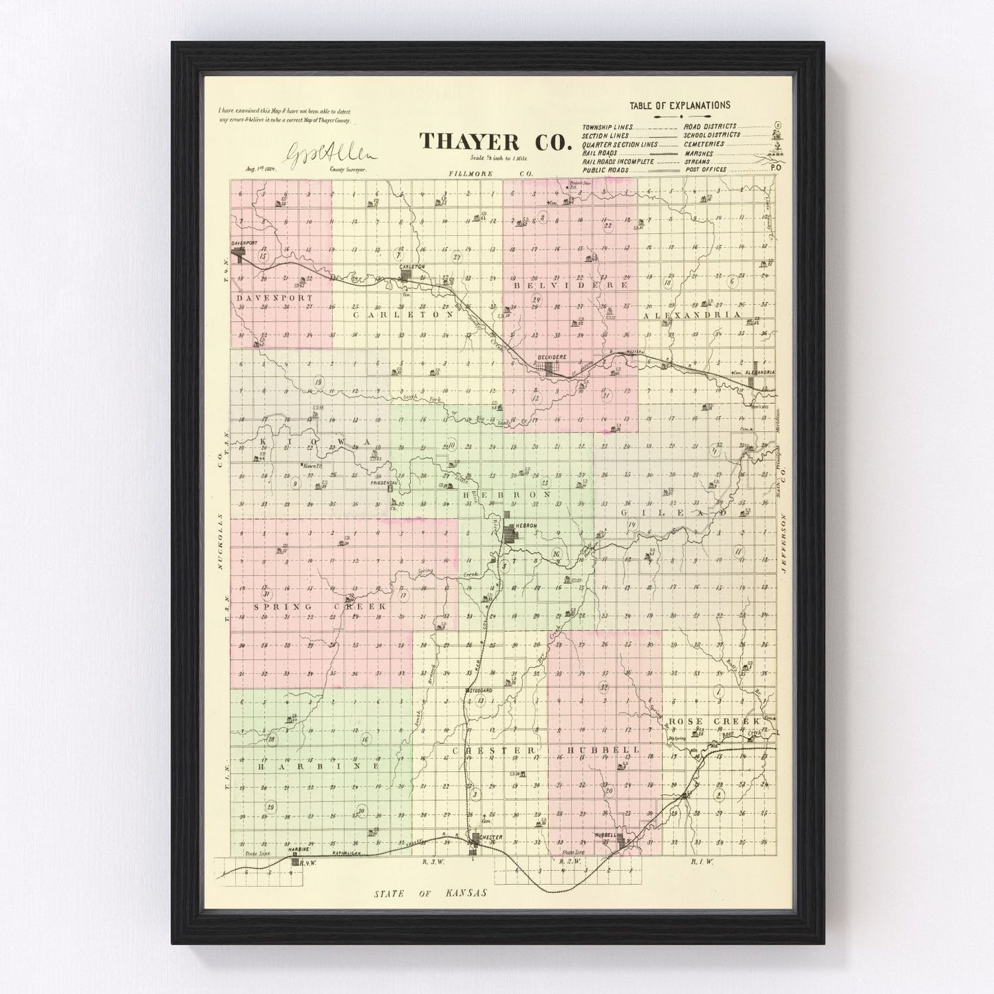 vintage map of Thayer County, Nebraska, 1885