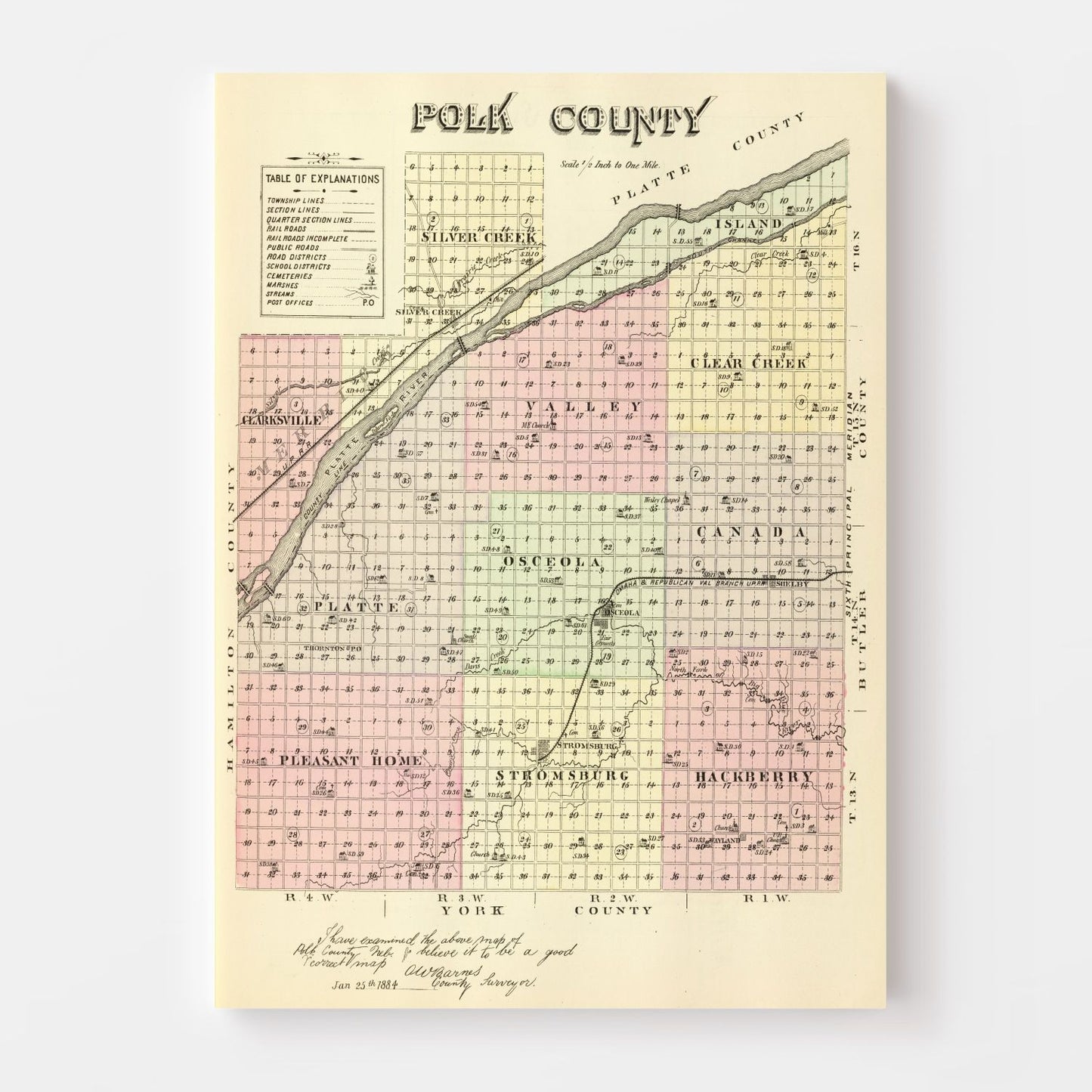 Vintage Map of Polk County, Nebraska, 1885