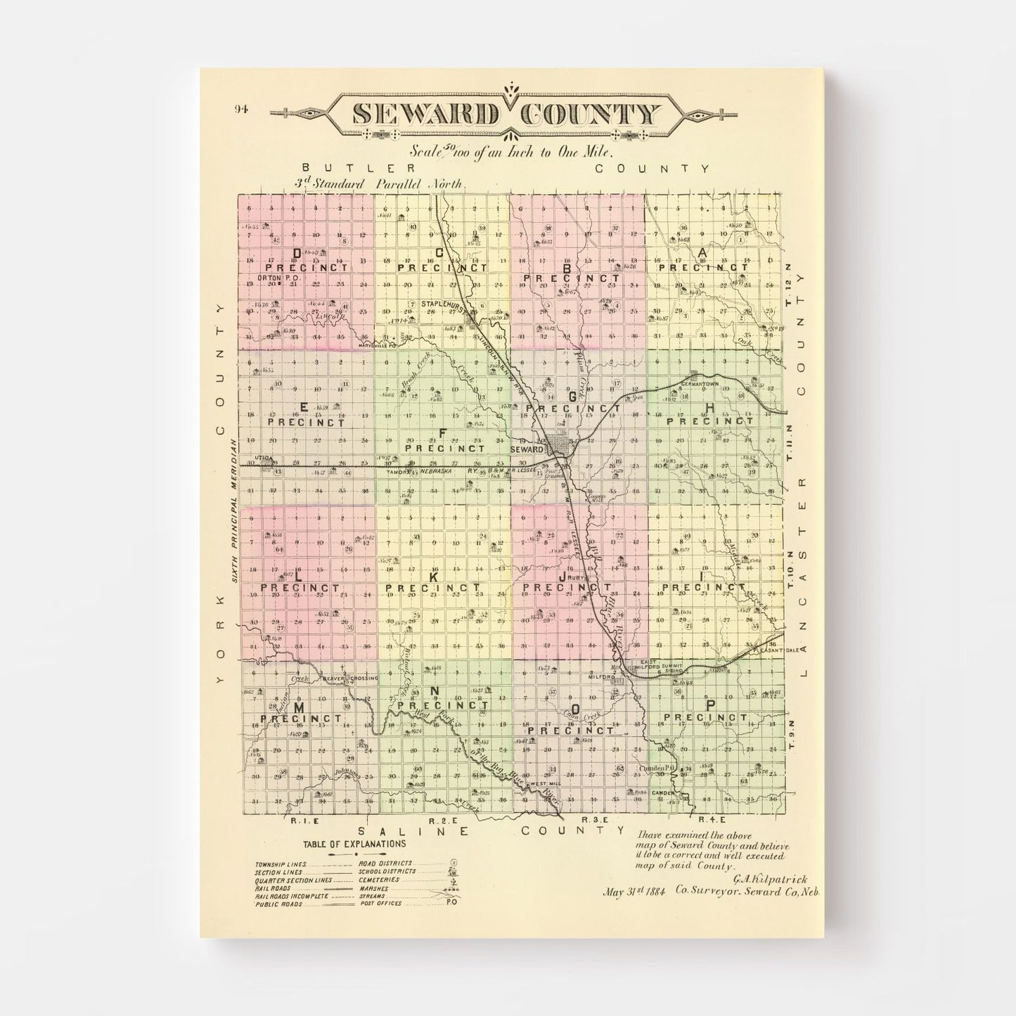 Vintage Map of Seward County, Nebraska, 1885