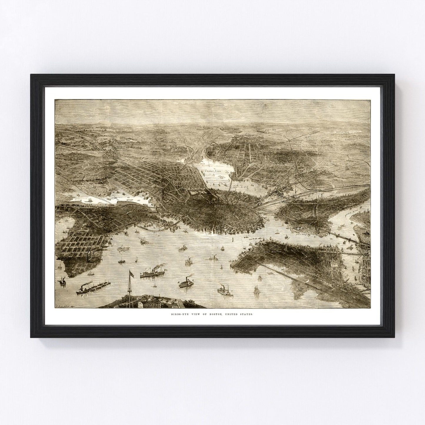 vintage map of Boston Massachusetts 1870, restored print wall art