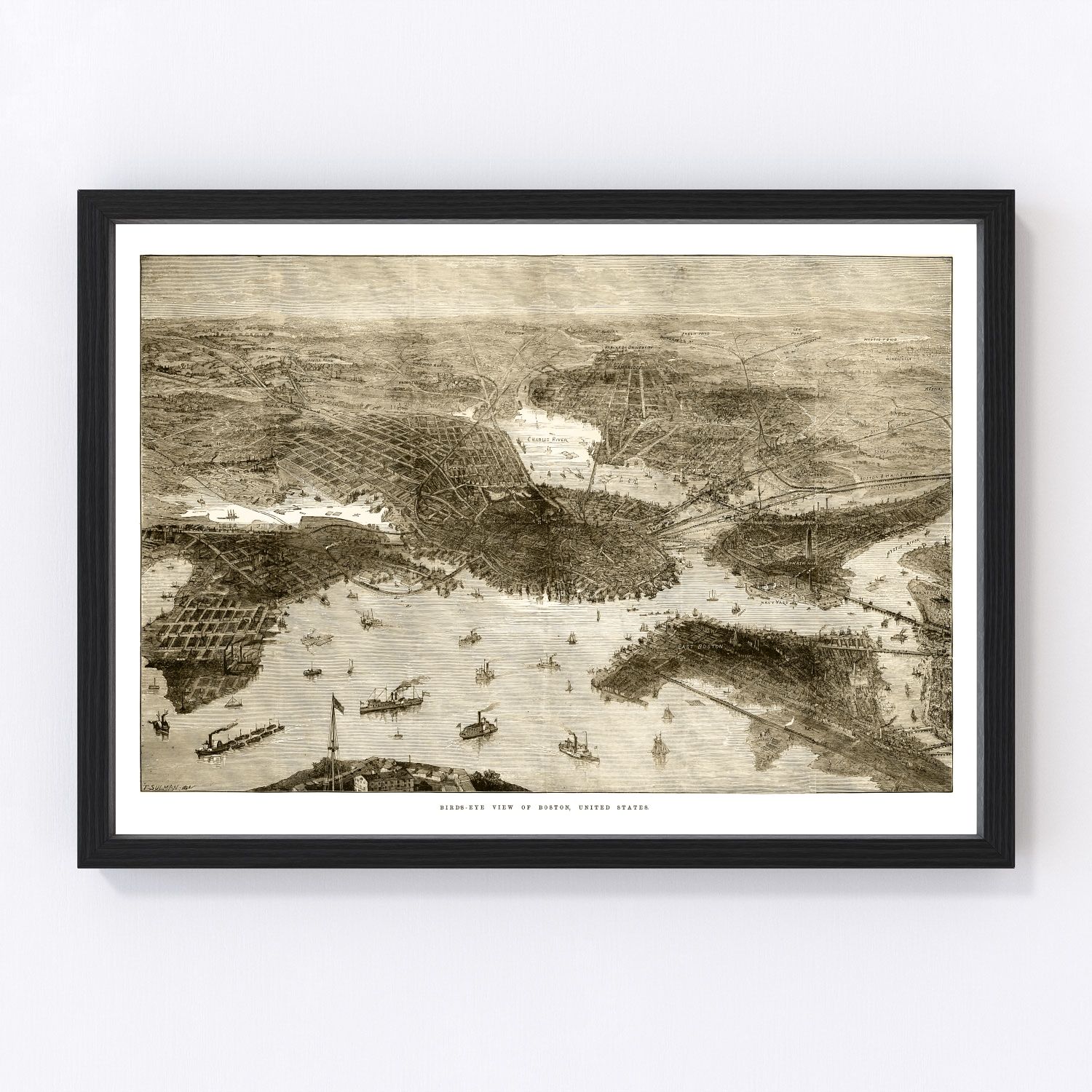 vintage map of Boston Massachusetts 1870, restored print wall art