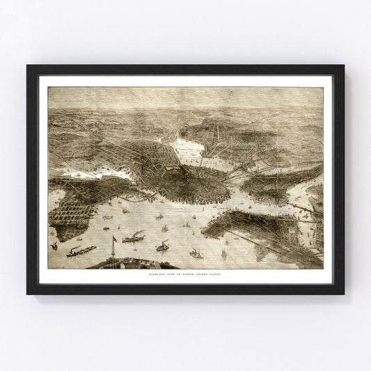 vintage map of Boston Massachusetts 1870, restored print wall art