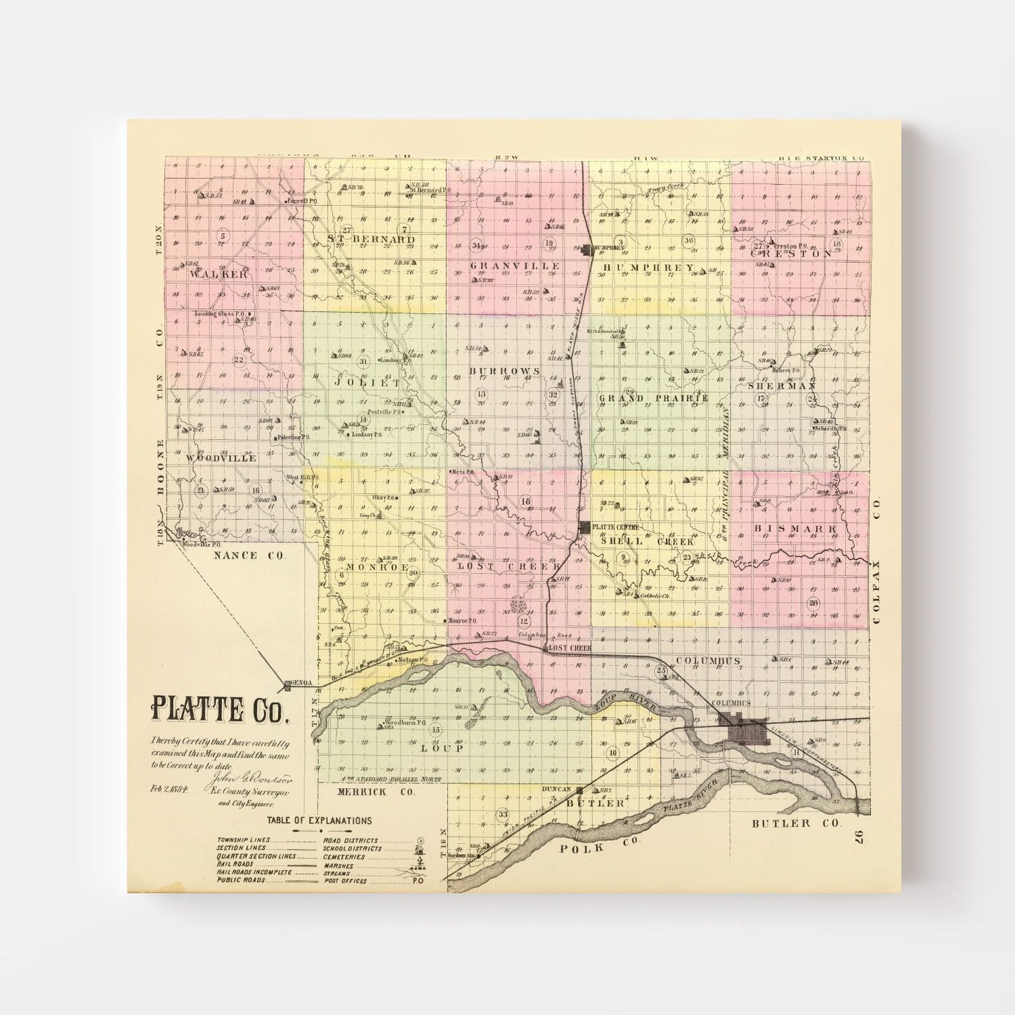 Vintage Map of Platte County, Nebraska, 1885