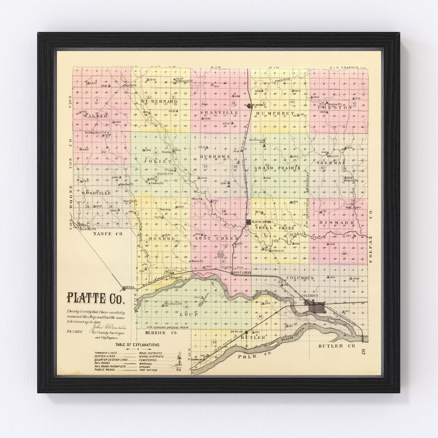 vintage map of Platte County, Nebraska, 1885