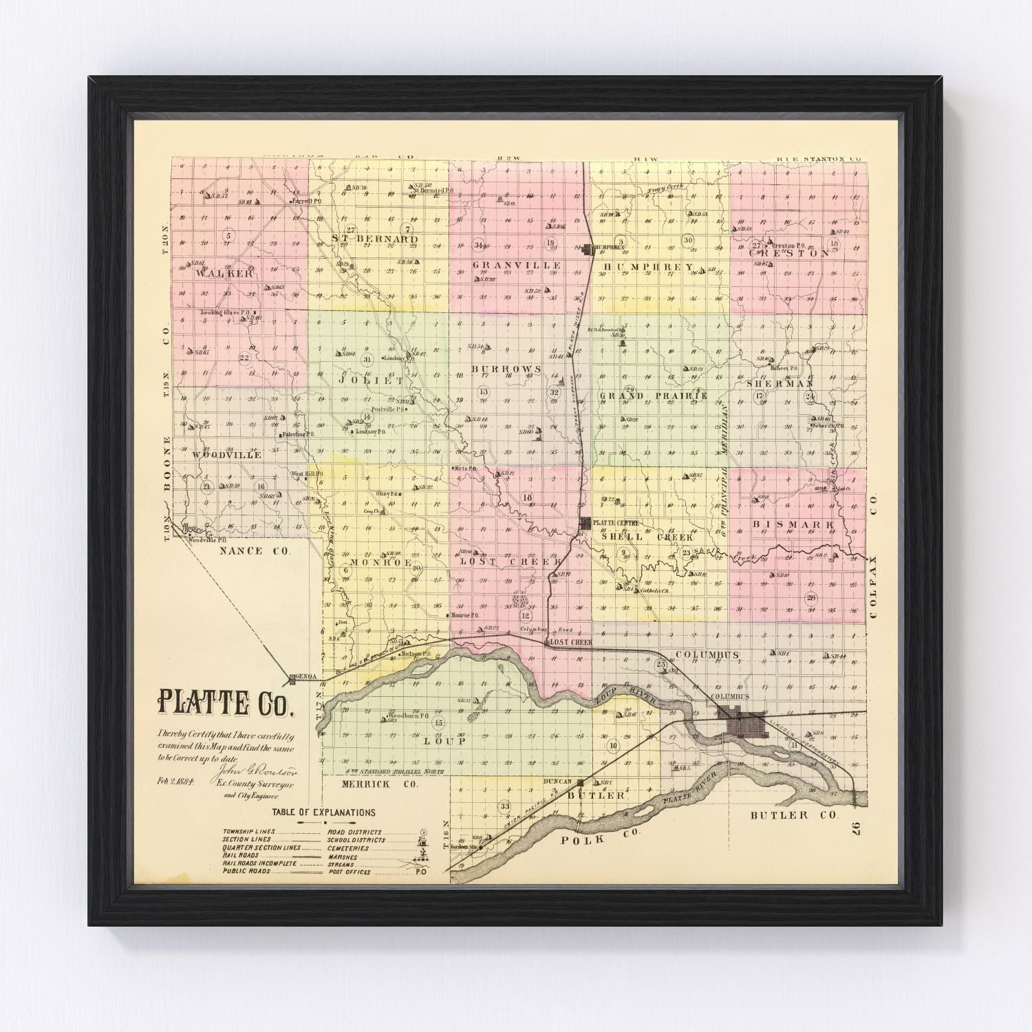 vintage map of Platte County, Nebraska, 1885