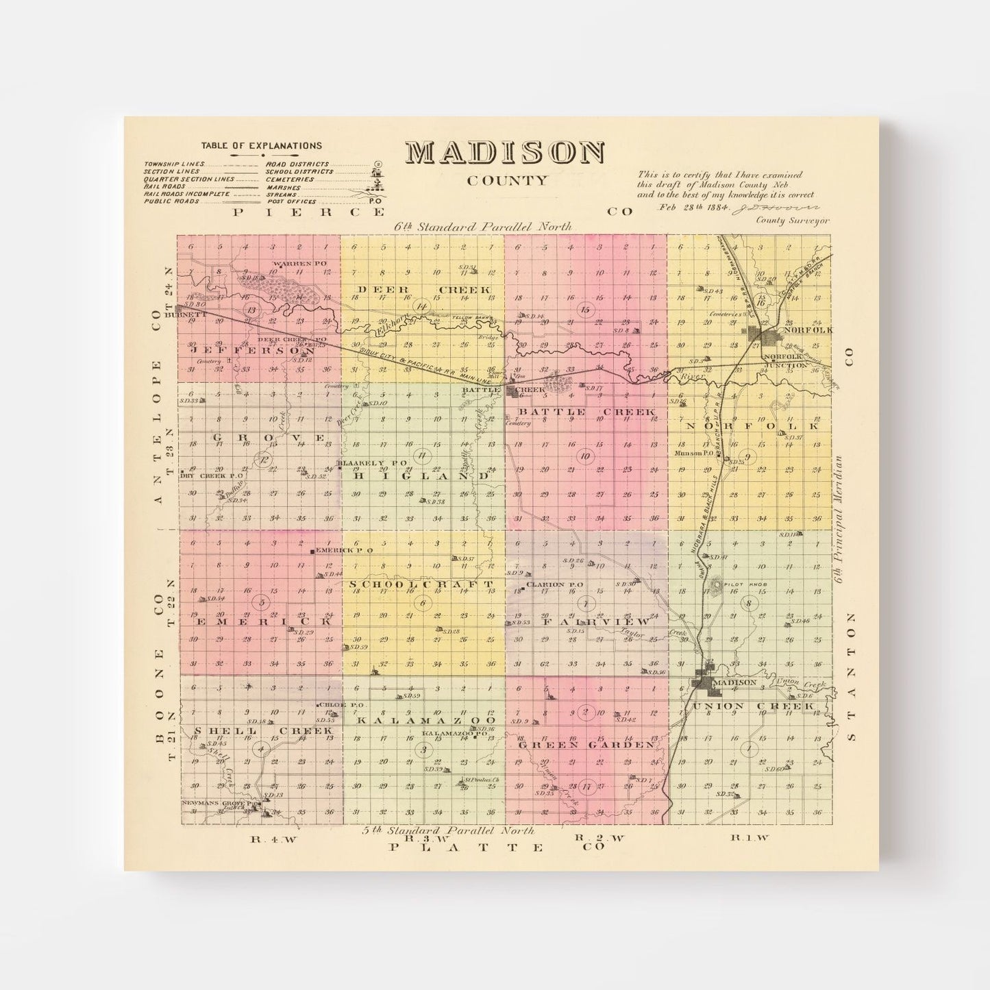 Vintage Map of Madison County, Nebraska, 1885
