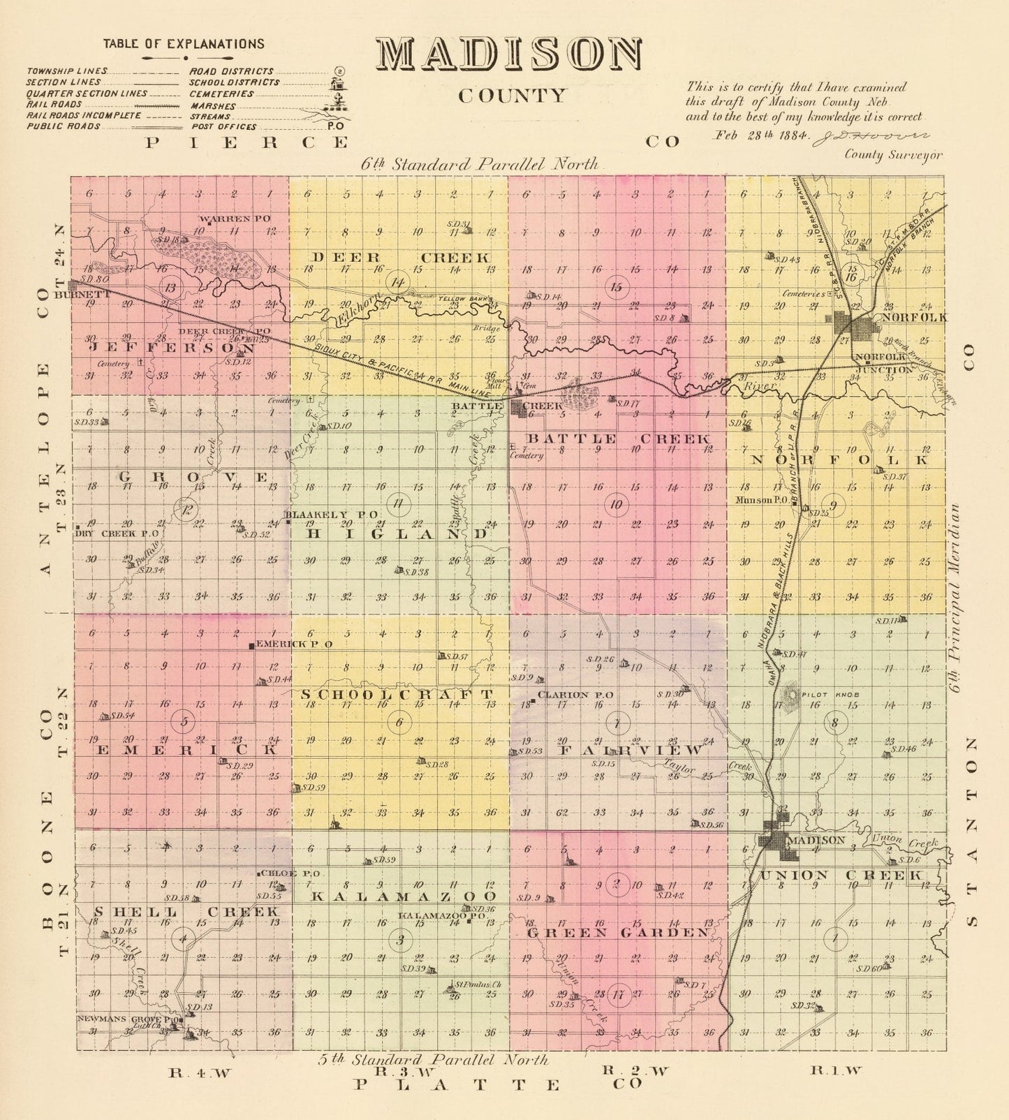 Vintage Map of Madison County, Nebraska, 1885