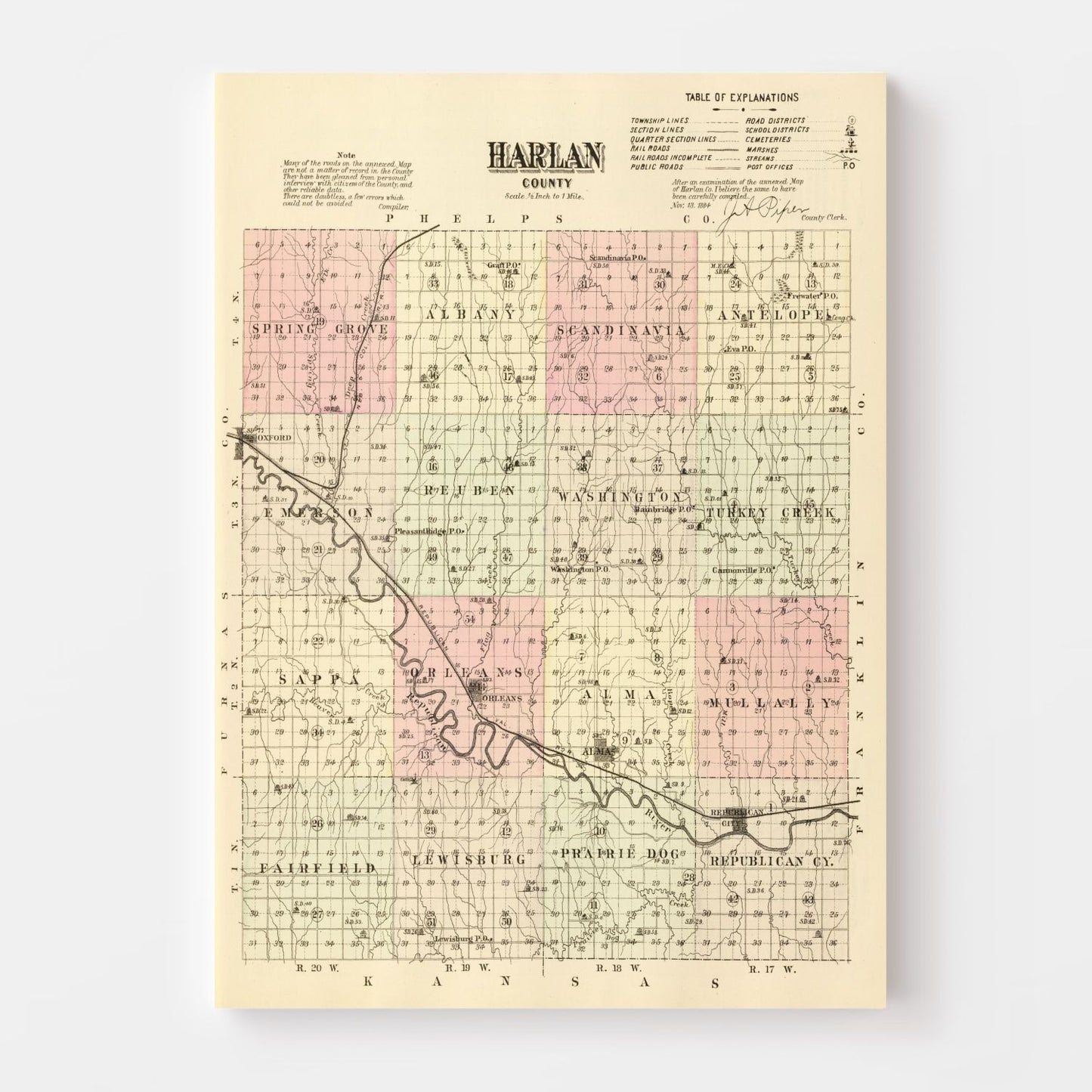 Vintage Map of Harlan County, Nebraska, 1885
