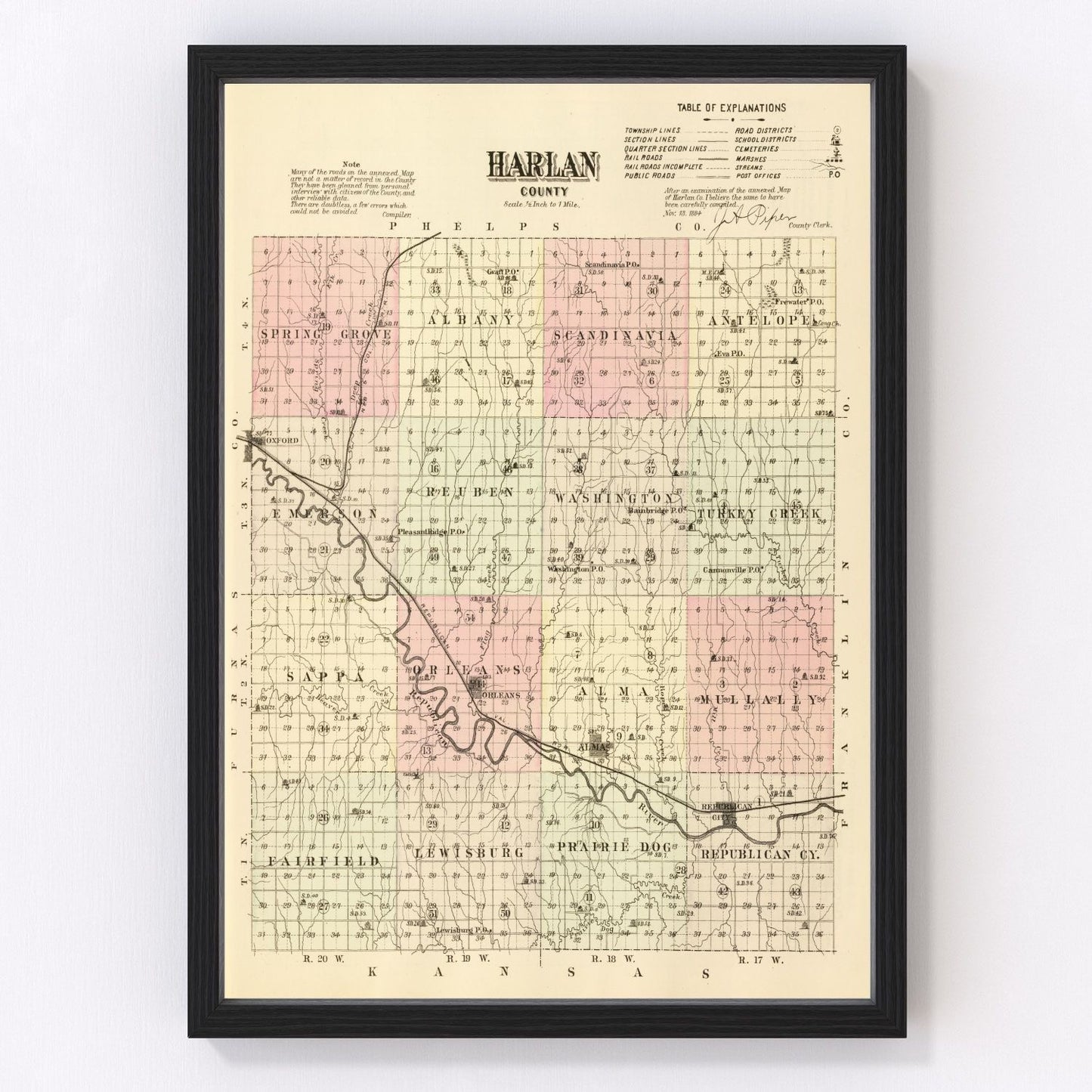 Vintage map of Harlan County, Nebraska, 1885