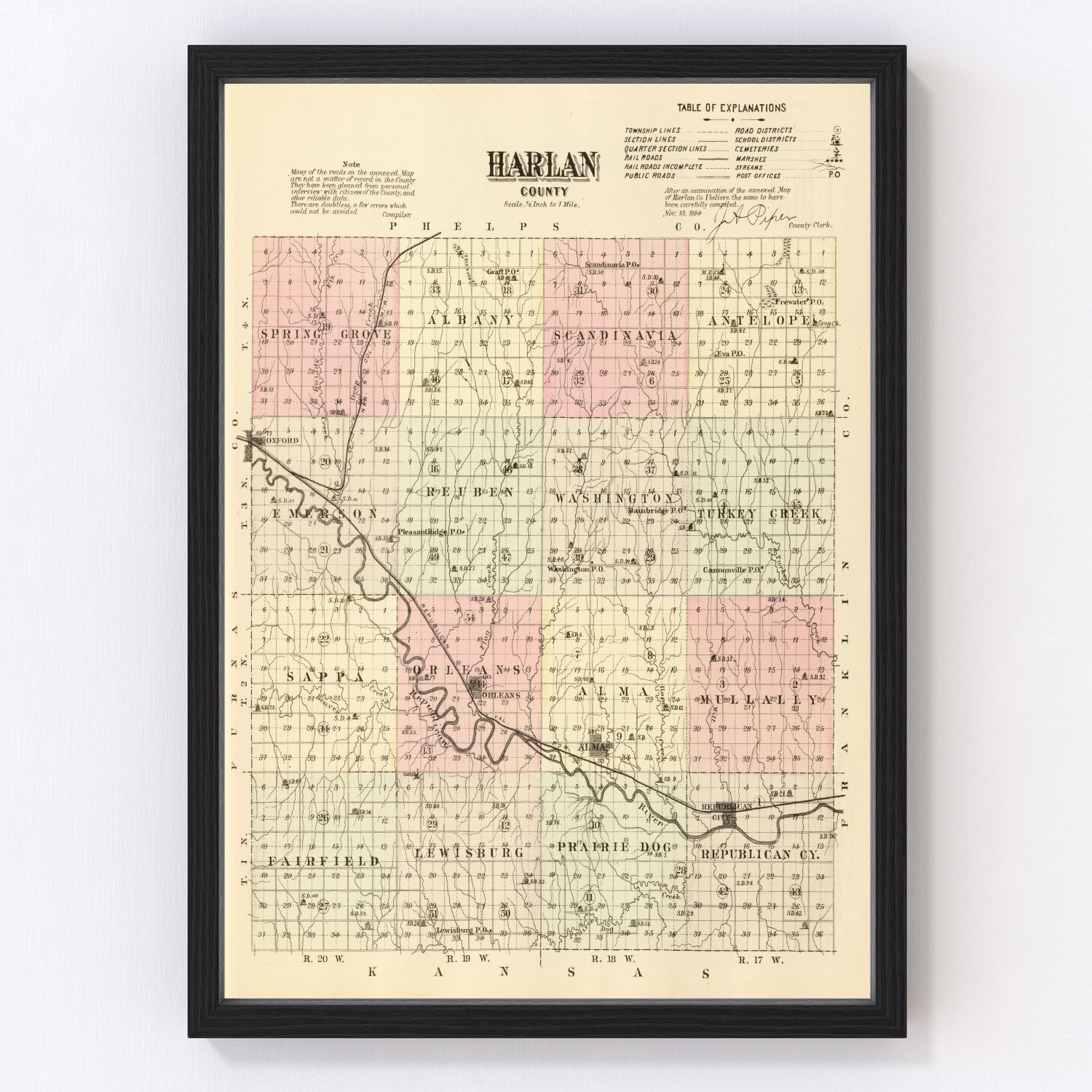 Vintage map of Harlan County, Nebraska, 1885