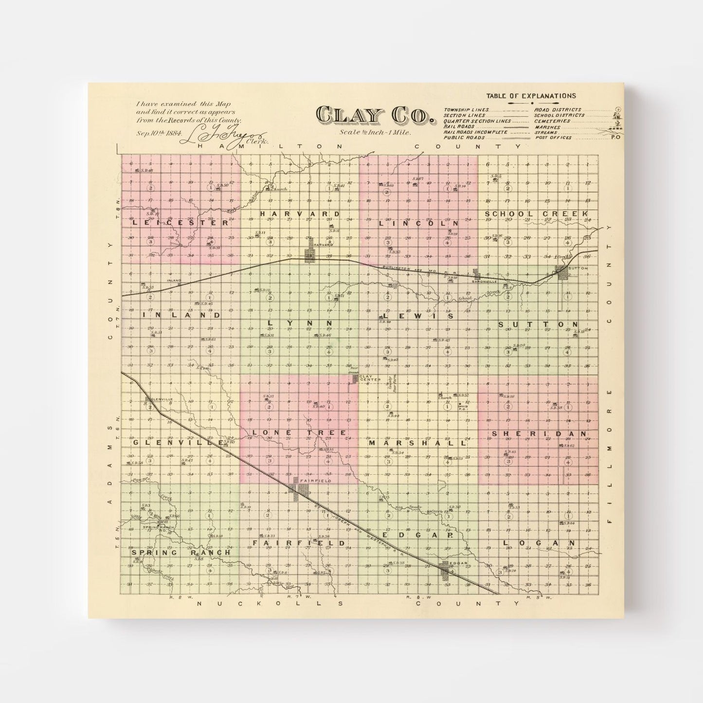 Vintage Map of Clay County, Nebraska, 1885