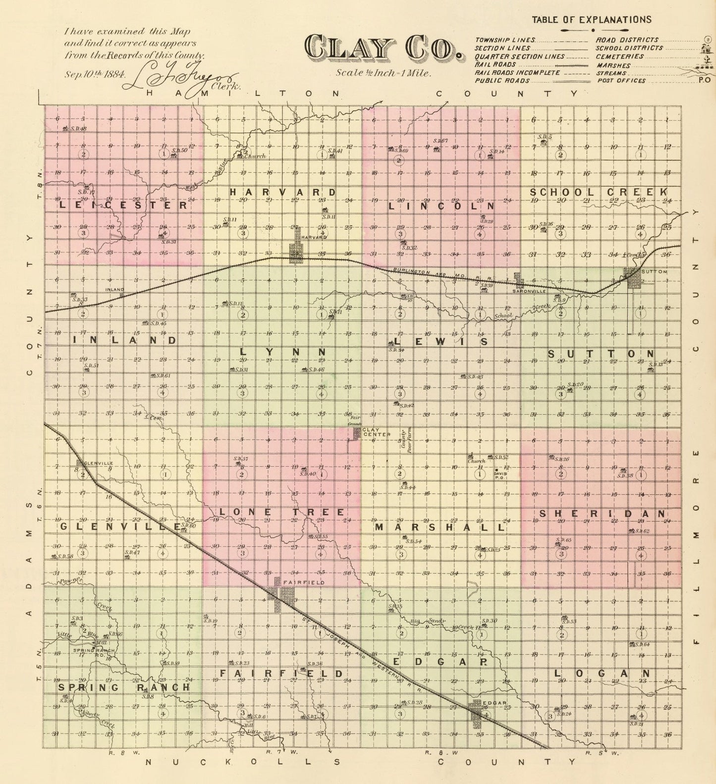 Vintage Map of Clay County, Nebraska, 1885
