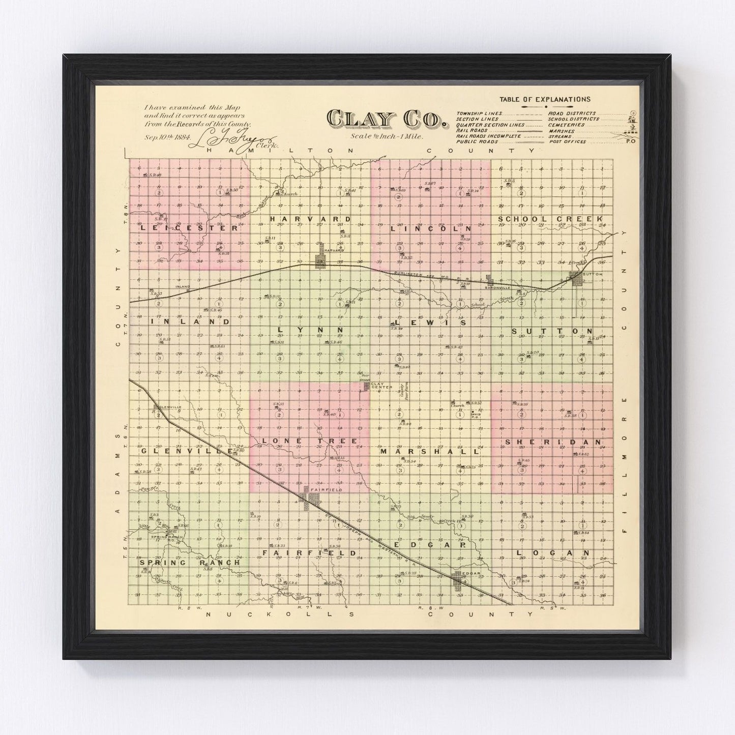 vintage map of Clay County, Nebraska, 1885