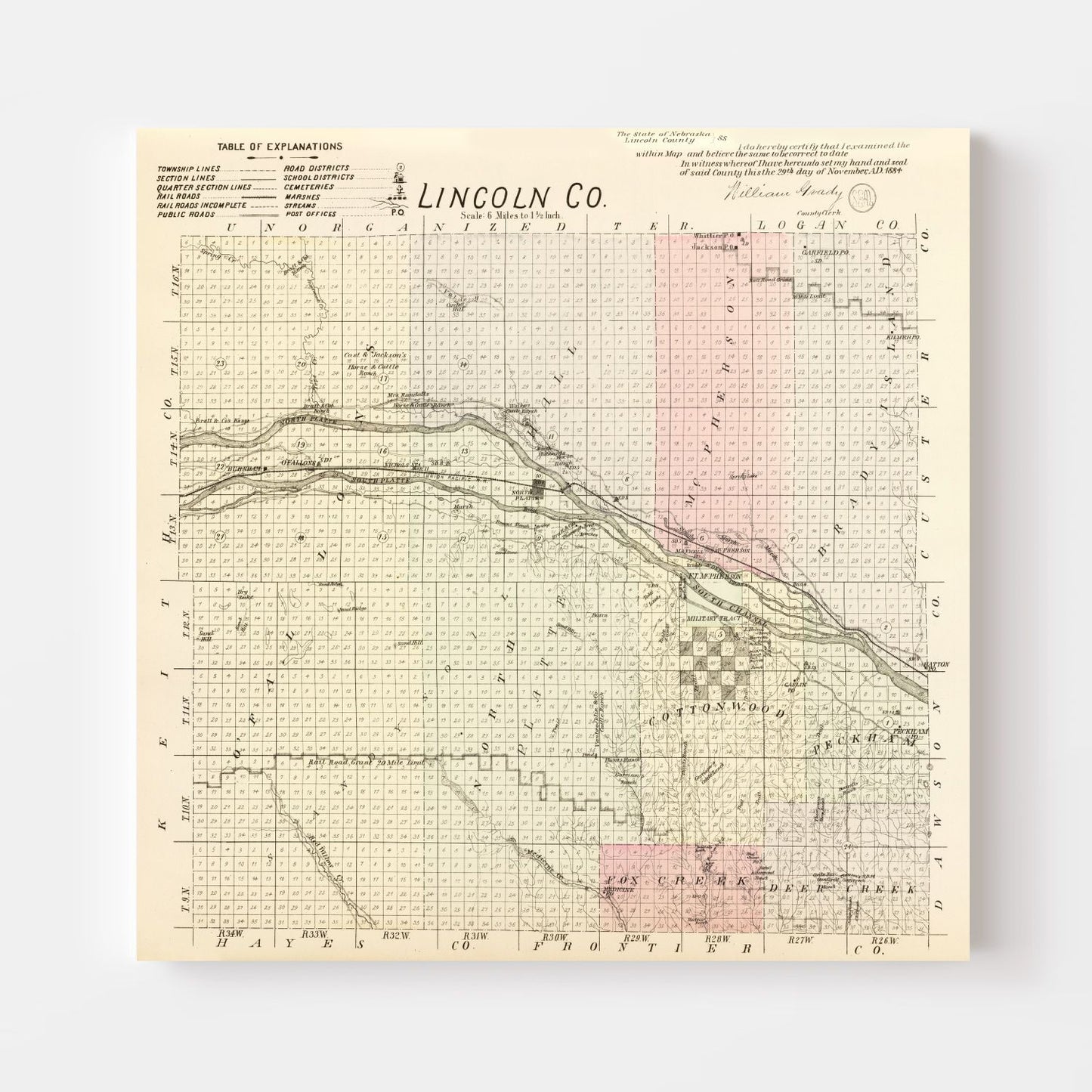 Vintage Map of Lincoln County, Nebraska, 1885