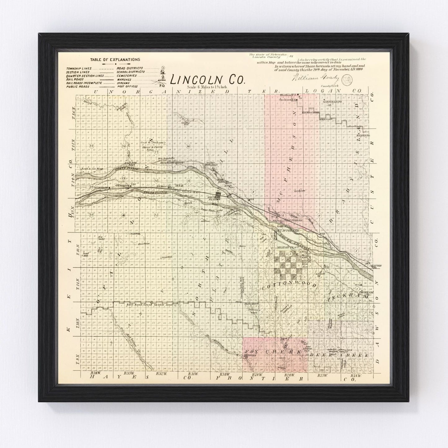 Vintage map of Lincoln County, Nebraska, 1885