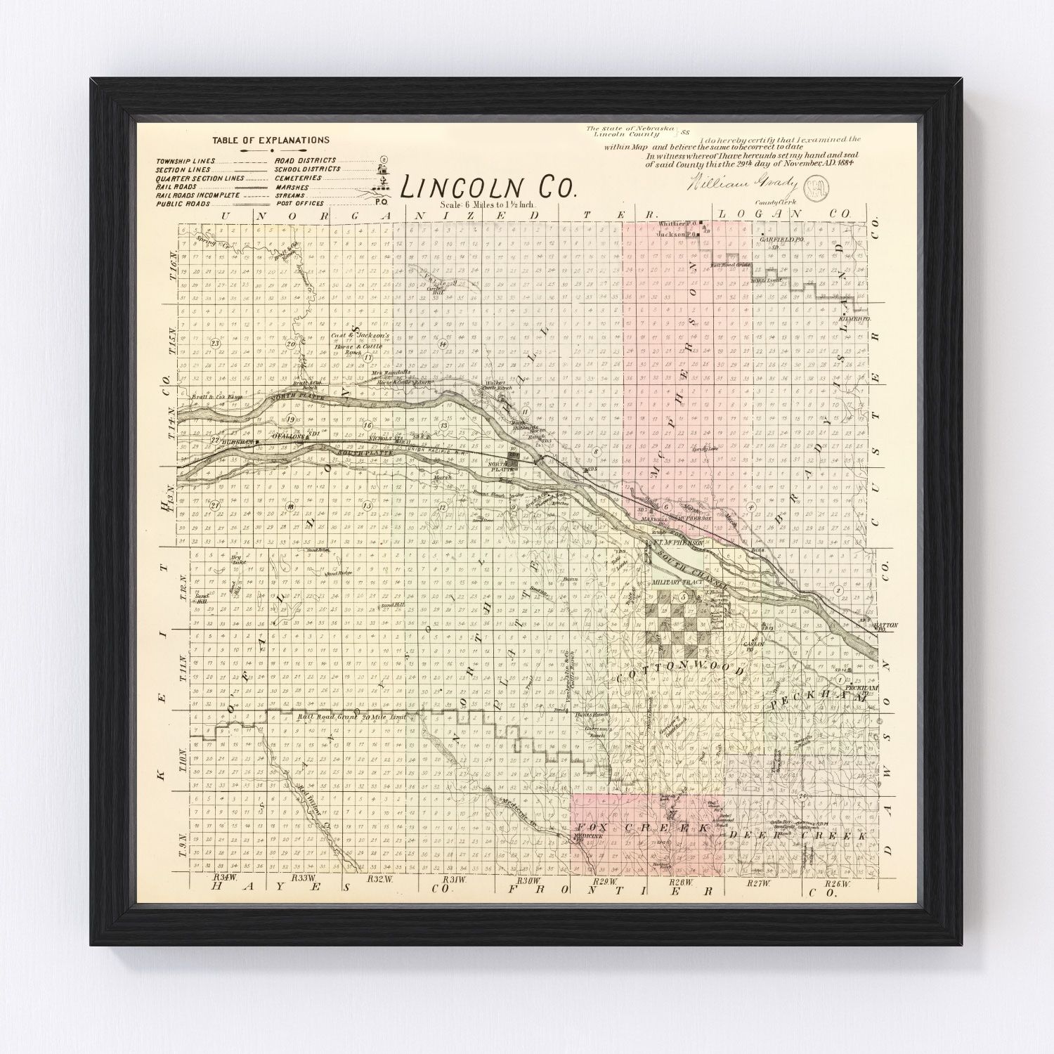 Vintage map of Lincoln County, Nebraska, 1885