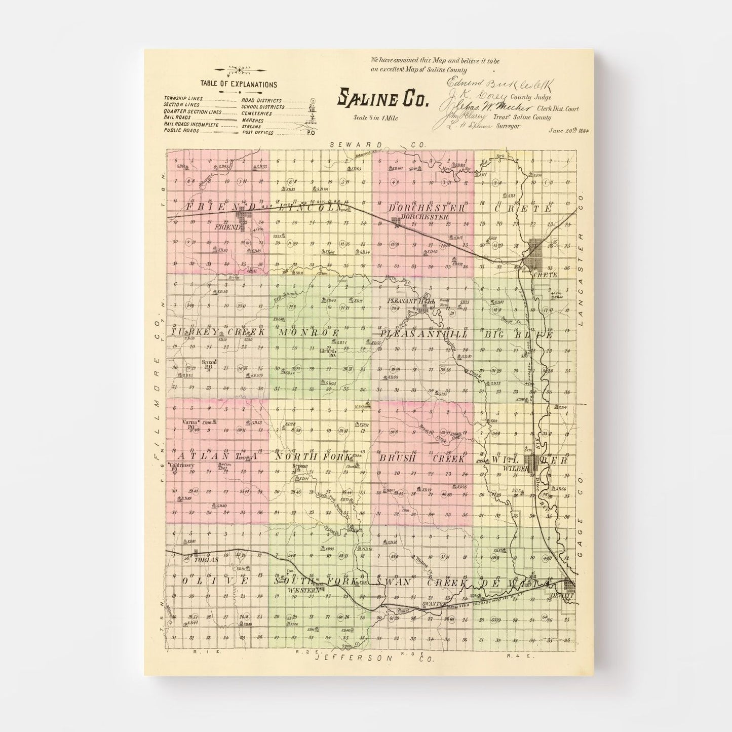 Vintage Map of Saline County, Nebraska, 1885