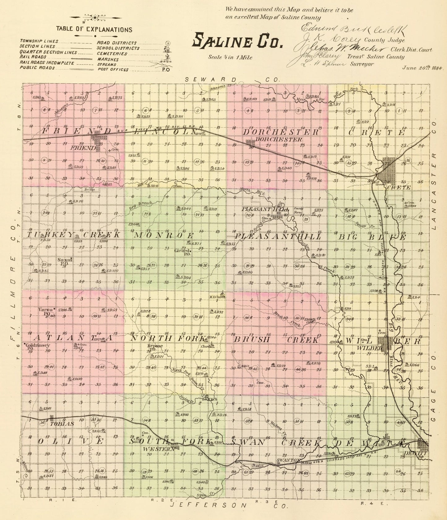 Vintage Map of Saline County, Nebraska, 1885