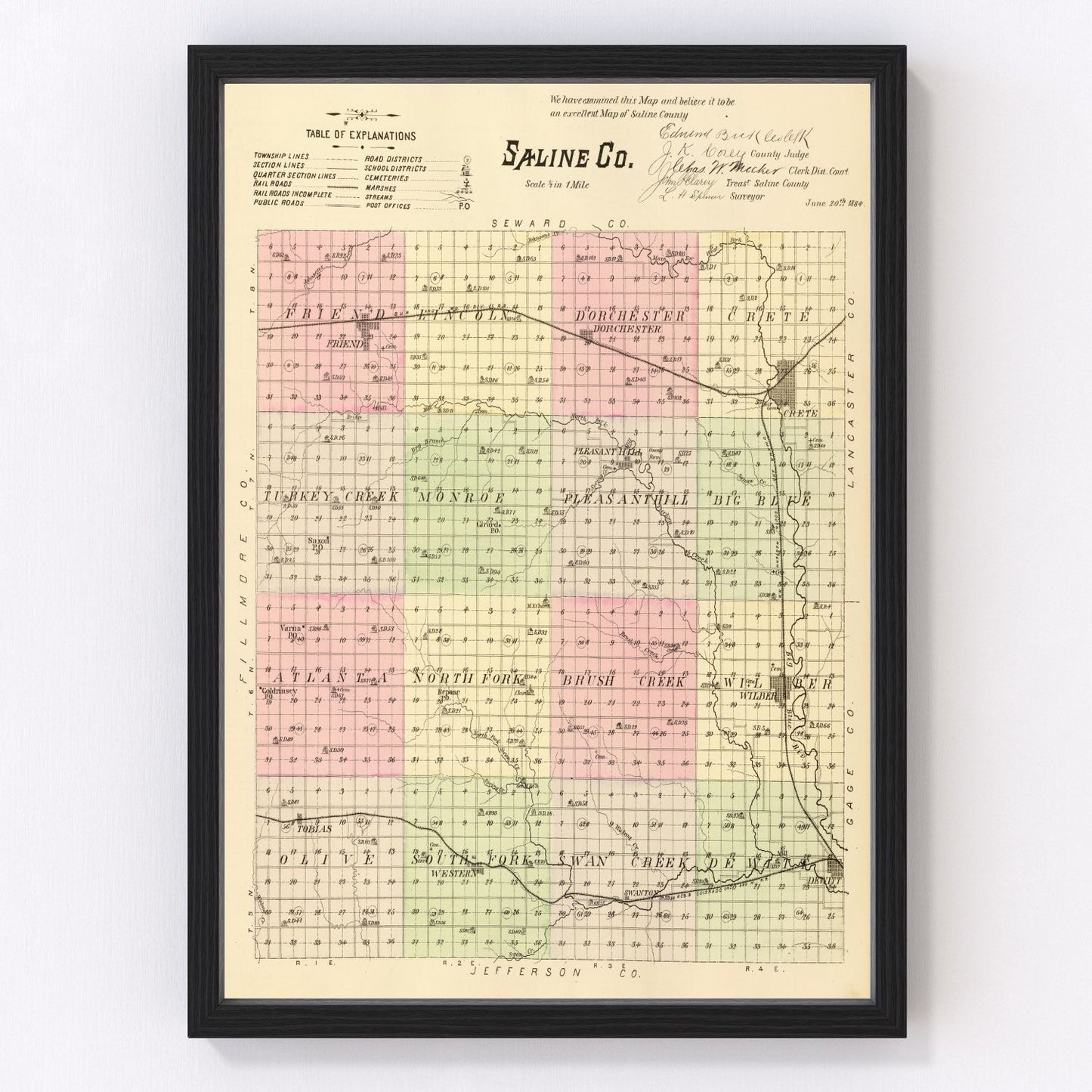 vintage map of Saline County, Nebraska, 1885