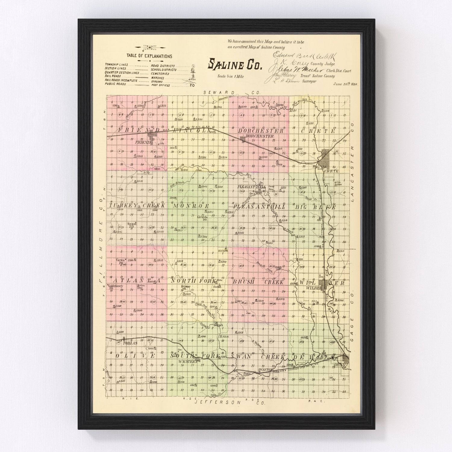 vintage map of Saline County, Nebraska, 1885