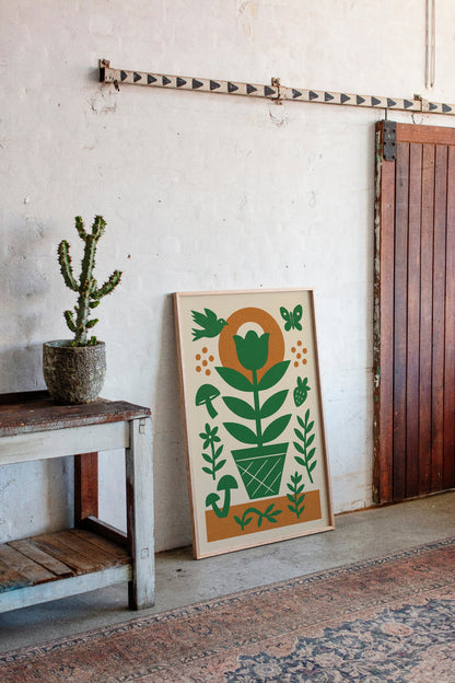 Folk Garden Wall Art - Bird, Butterfly and Tulip Print