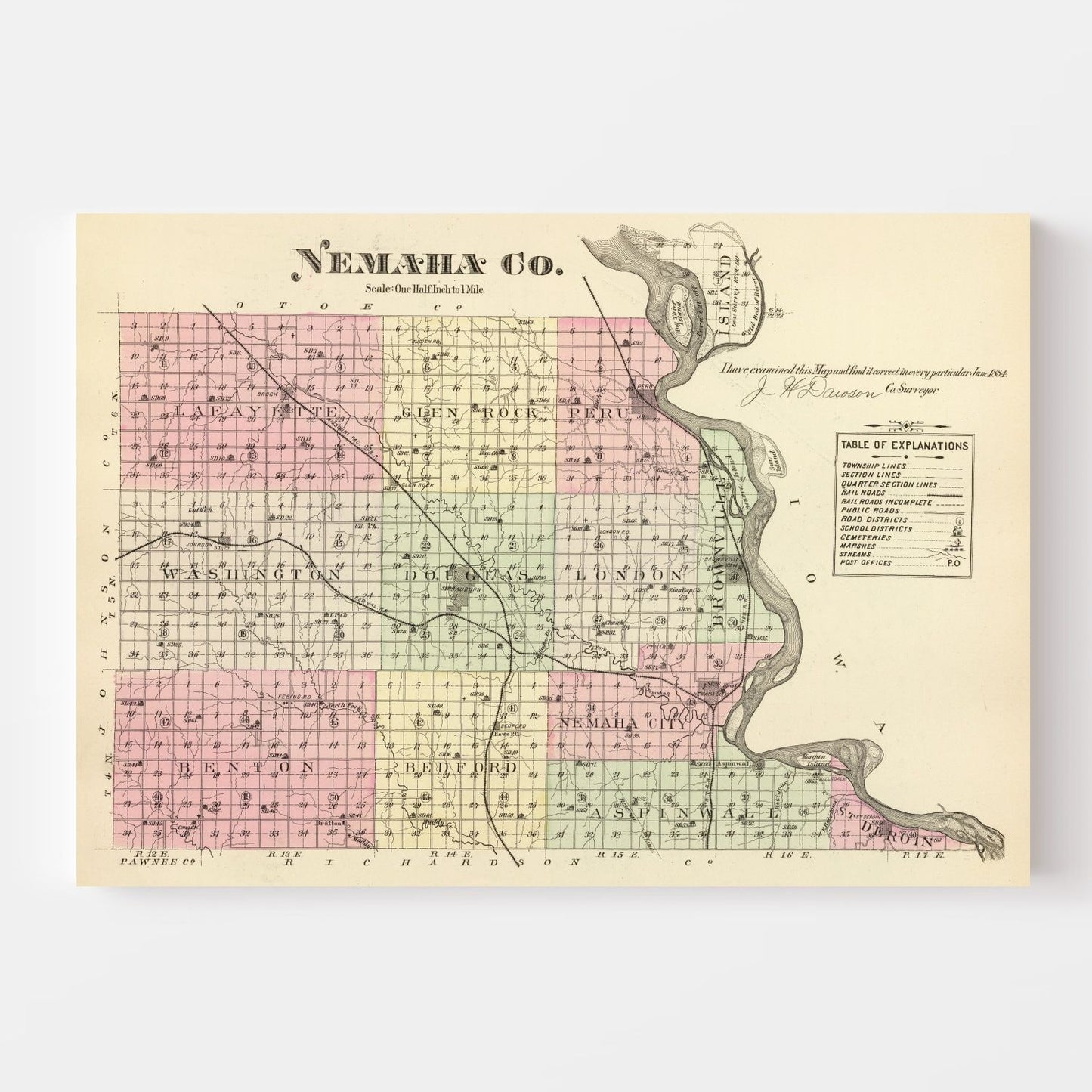 Vintage Map of Nemaha County, Nebraska, 1885