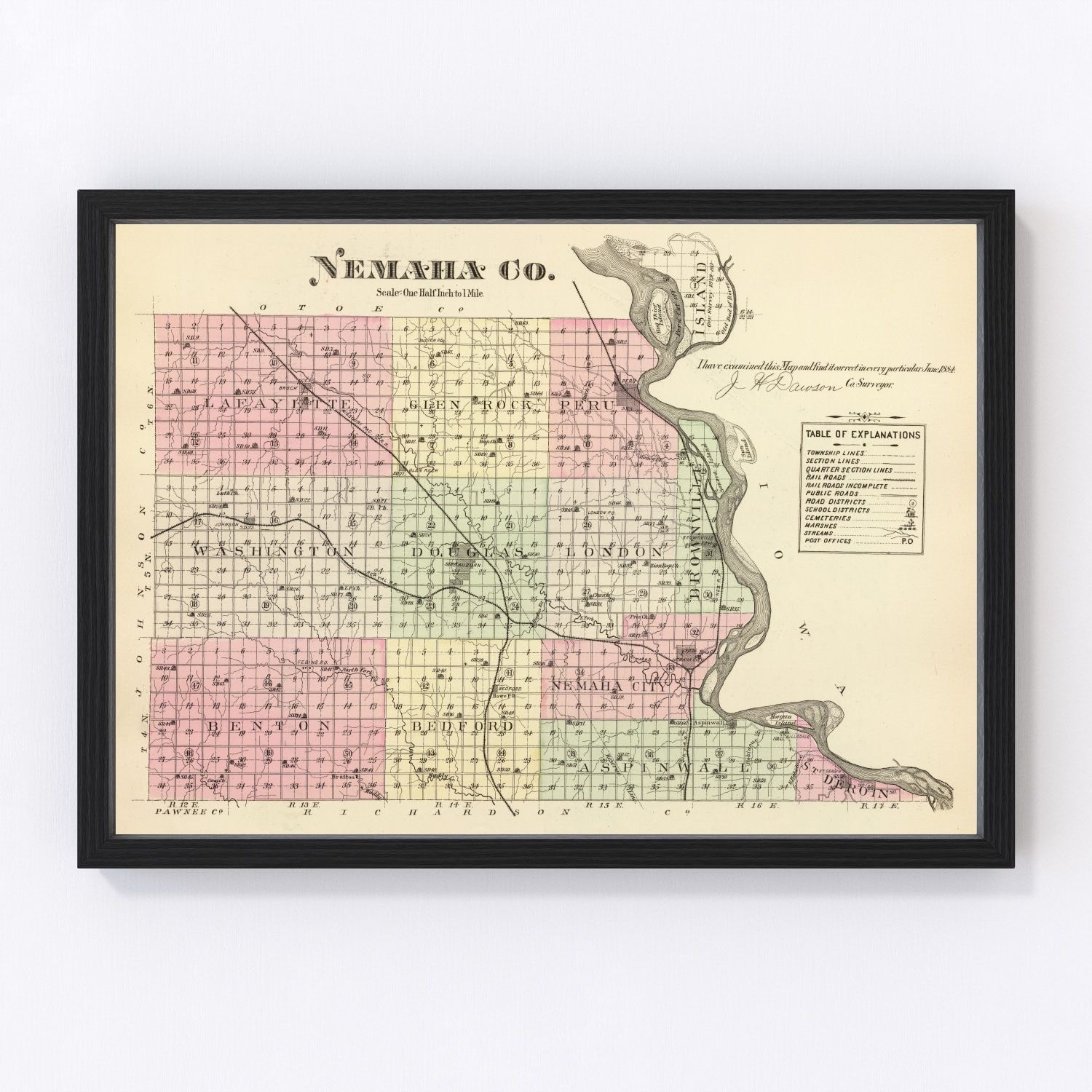 Vintage map of Nemaha County, Nebraska, 1885
