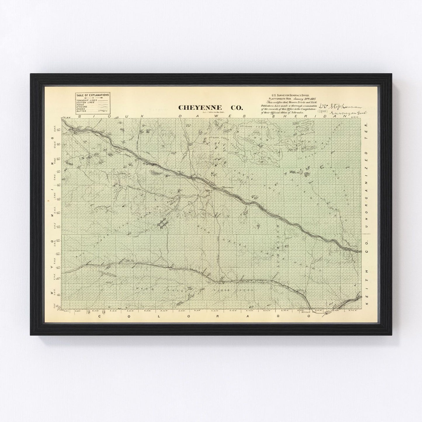 Vintage restored map of Cheyenne County, Nebraska, 1885, with Sidney and Lodgepole