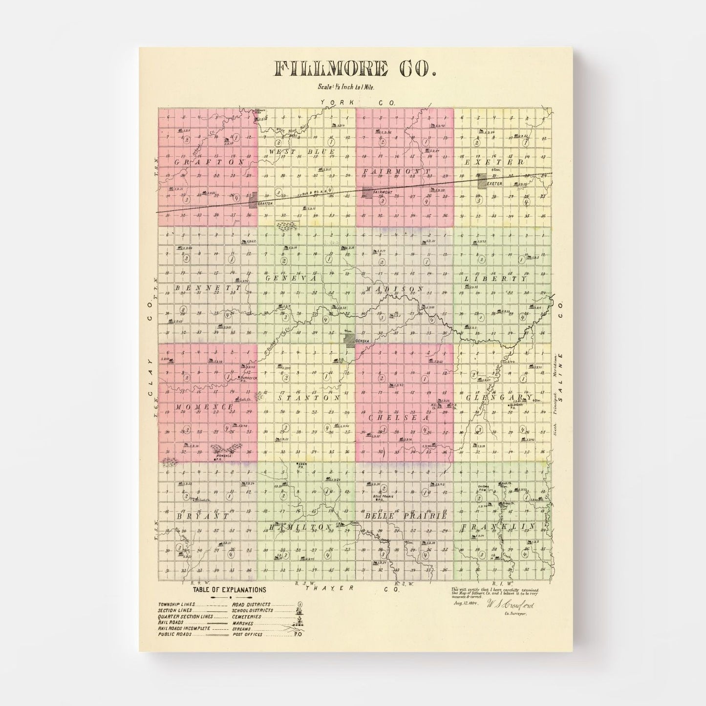 Vintage Map of Fillmore County, Nebraska, 1885