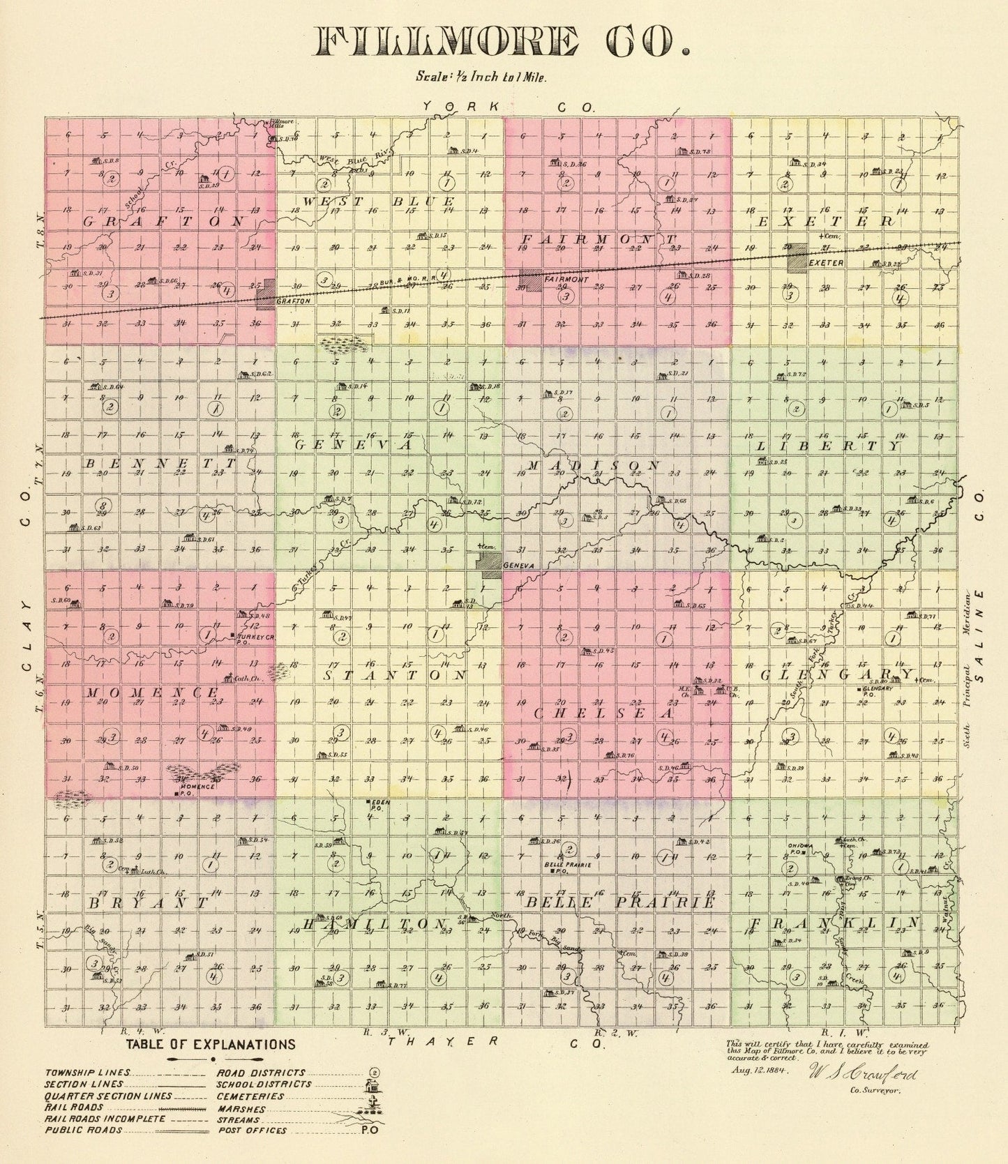 Vintage Map of Fillmore County, Nebraska, 1885