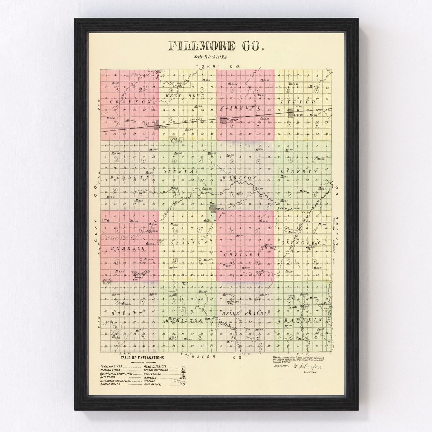 vintage map of Fillmore County, Nebraska, 1885