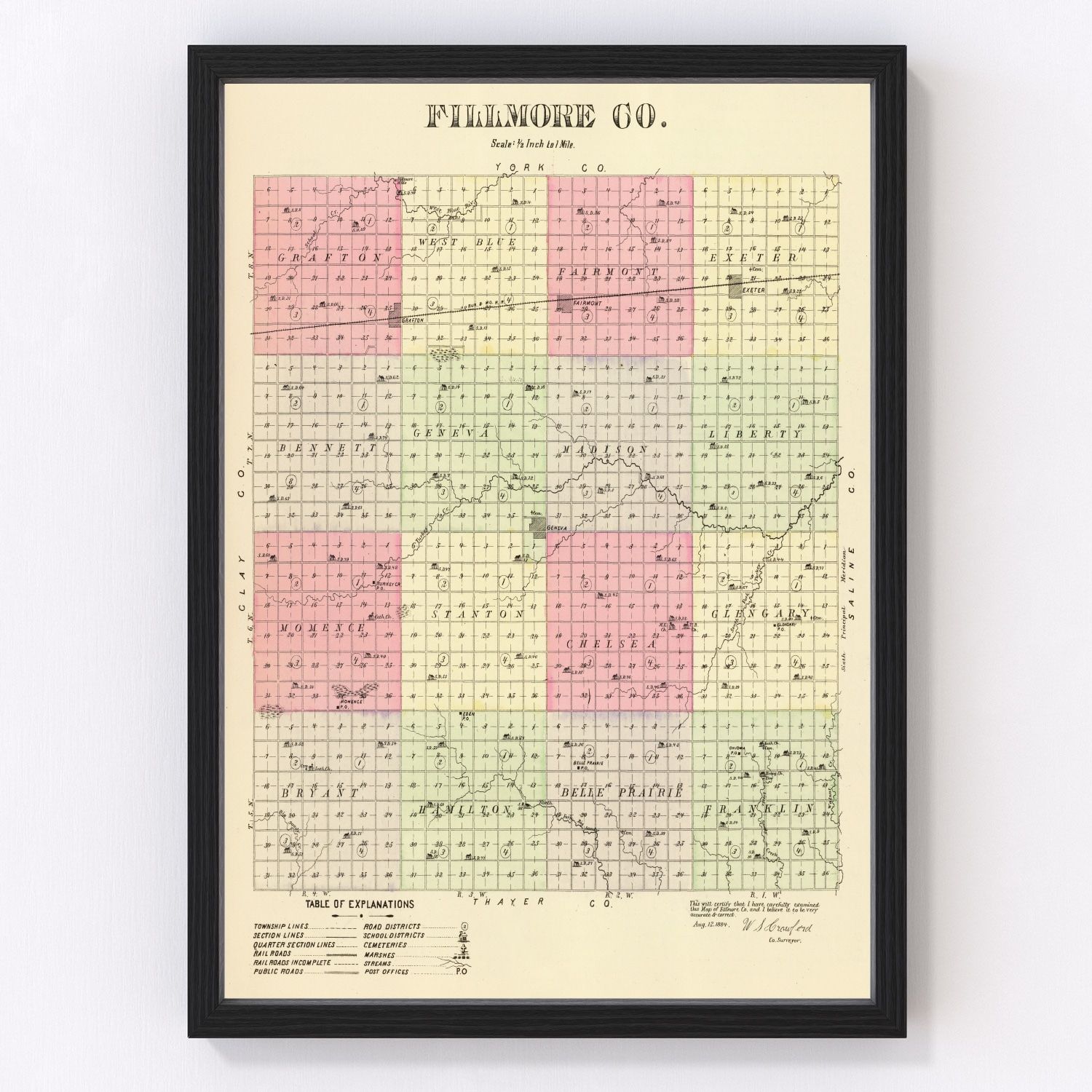 vintage map of Fillmore County, Nebraska, 1885