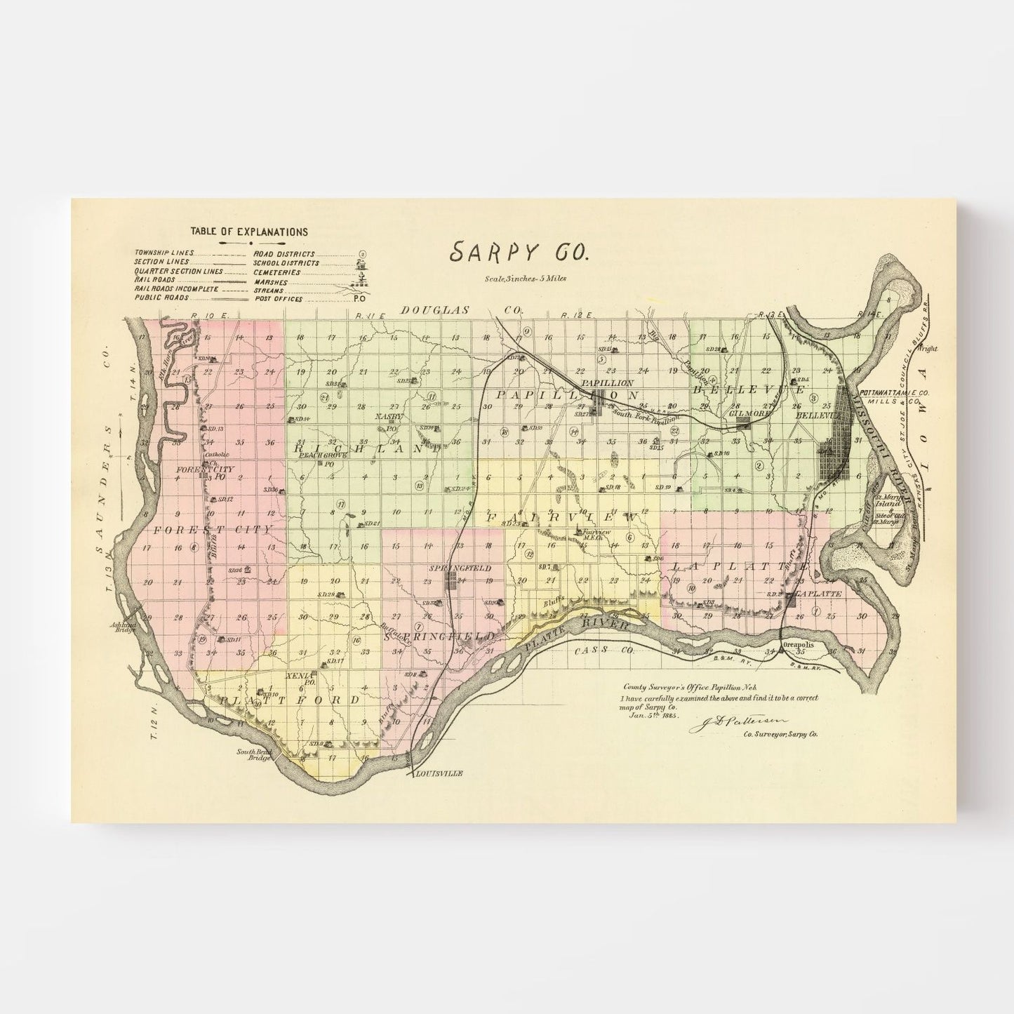 Vintage Map of Sarpy County, Nebraska, 1885