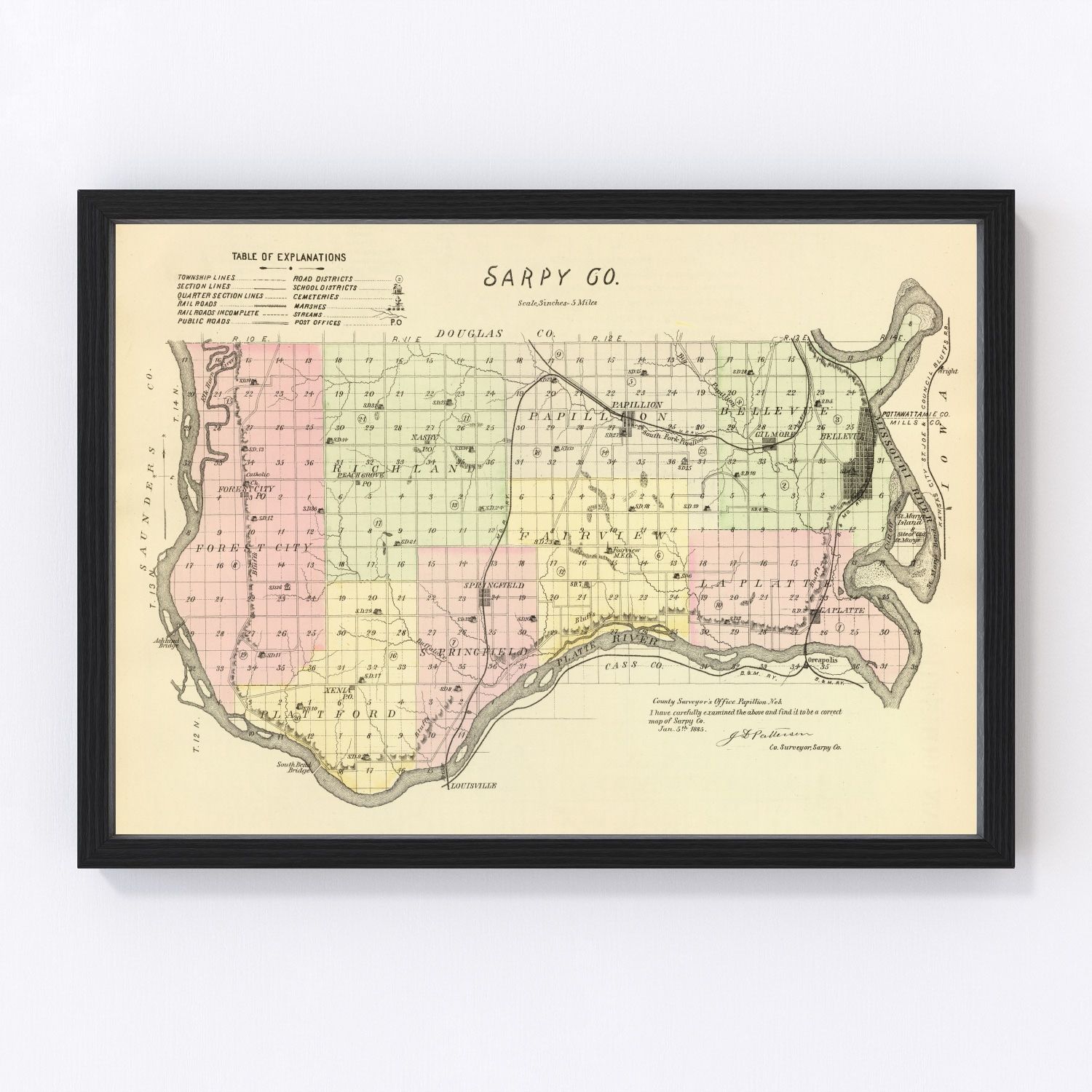 vintage map of Sarpy County, Nebraska, 1885