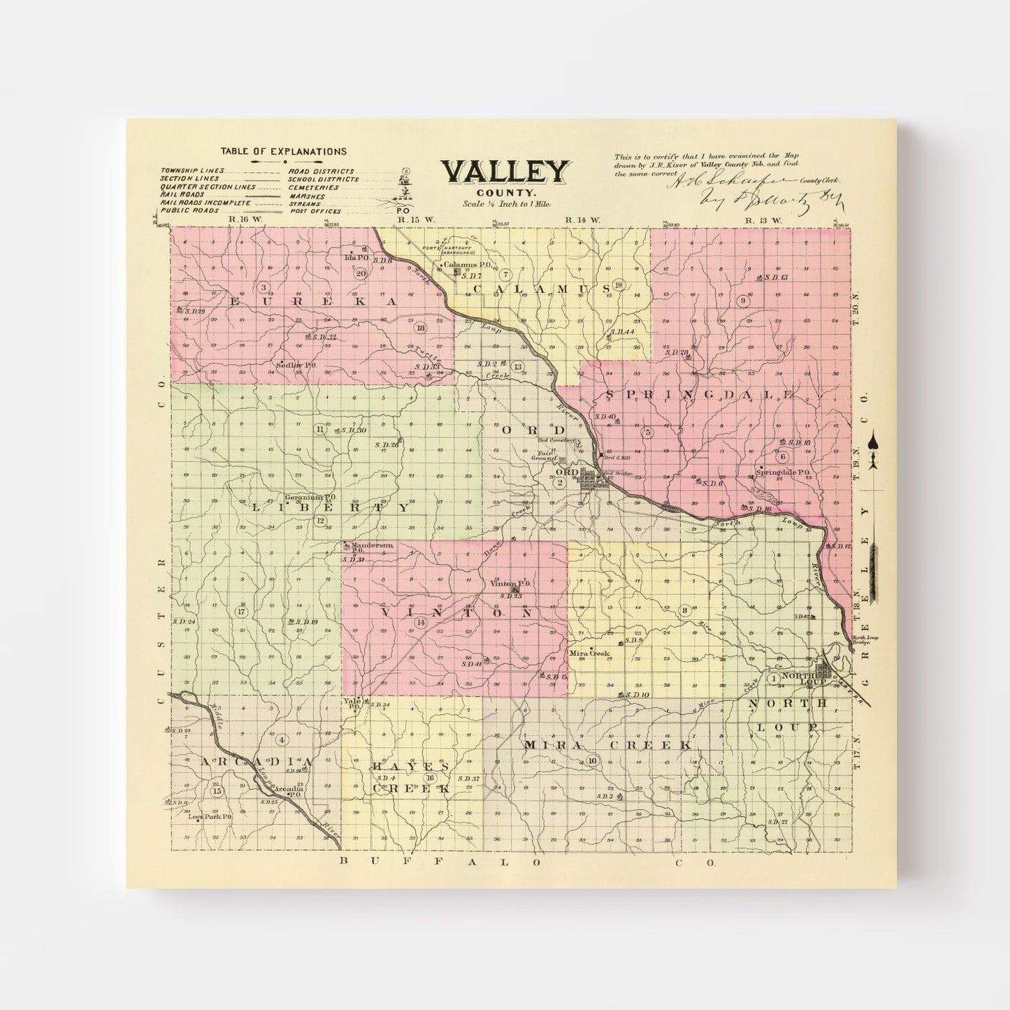 Vintage Map of Valley County, Nebraska, 1885